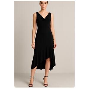 Vintage 90s Laundry by Shelli Segal Black Cowl Neck Asymmetrical Midi Dress Sz 6